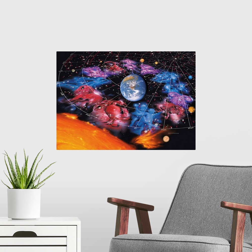 A modern room featuring Zodiac signs. Artwork of the Earth ringed by the signs of the zodiac, the other solar system plan...