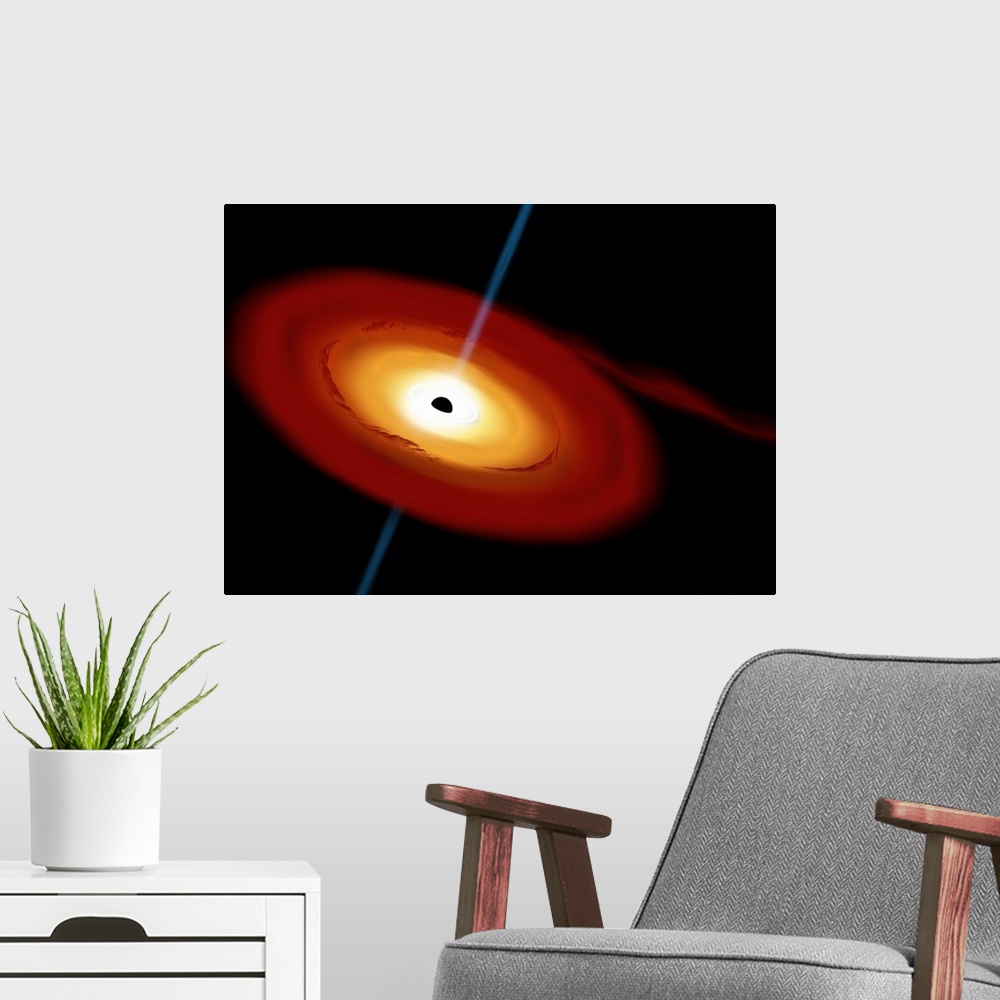 A modern room featuring Artist's depiction of a black hole and its accretion disk in interstellar space.