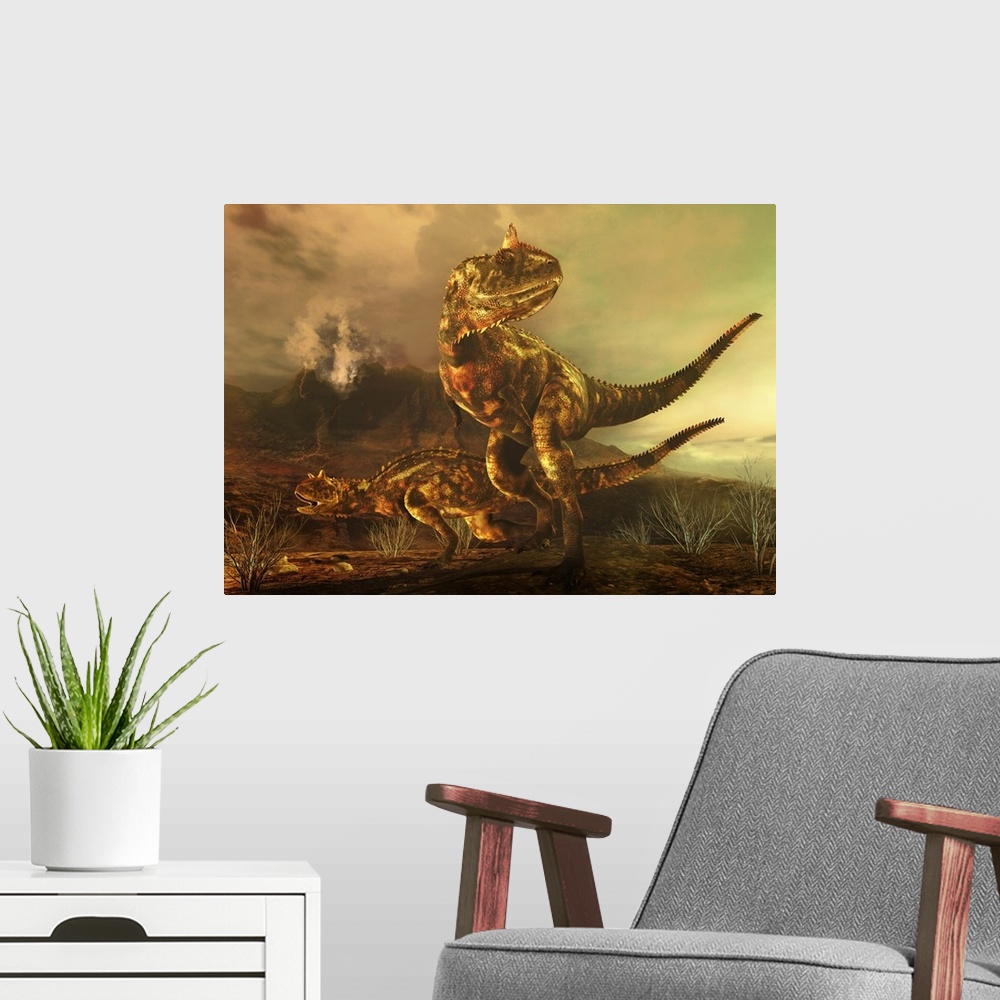 A modern room featuring A pair of Carnotaurus dinosaurs on the prowl.