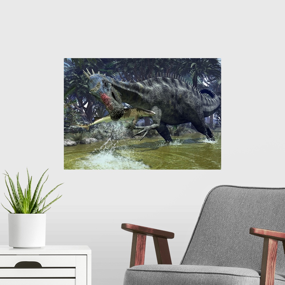A modern room featuring A five ton, Early Cretaceous Suchomimus snags a shark from a lush estuary near the ancient Tethys...