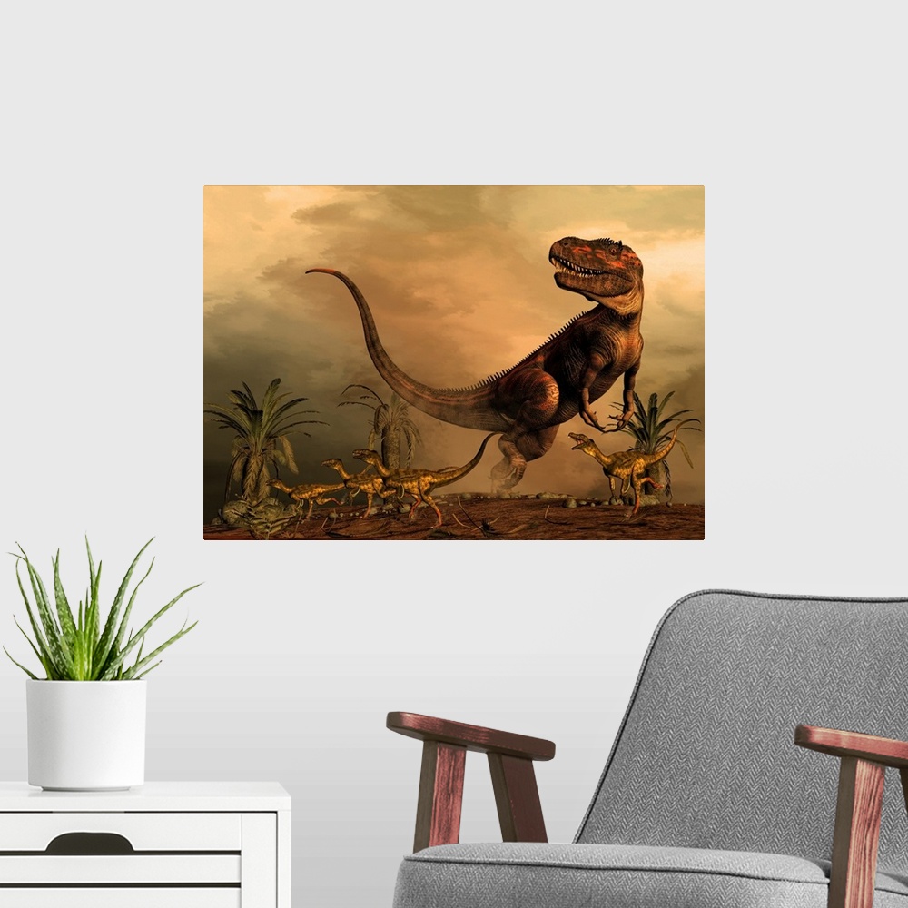 A modern room featuring A Torvosaurus on the prowl while a group of Ornitholestes flee a hasty retreat.