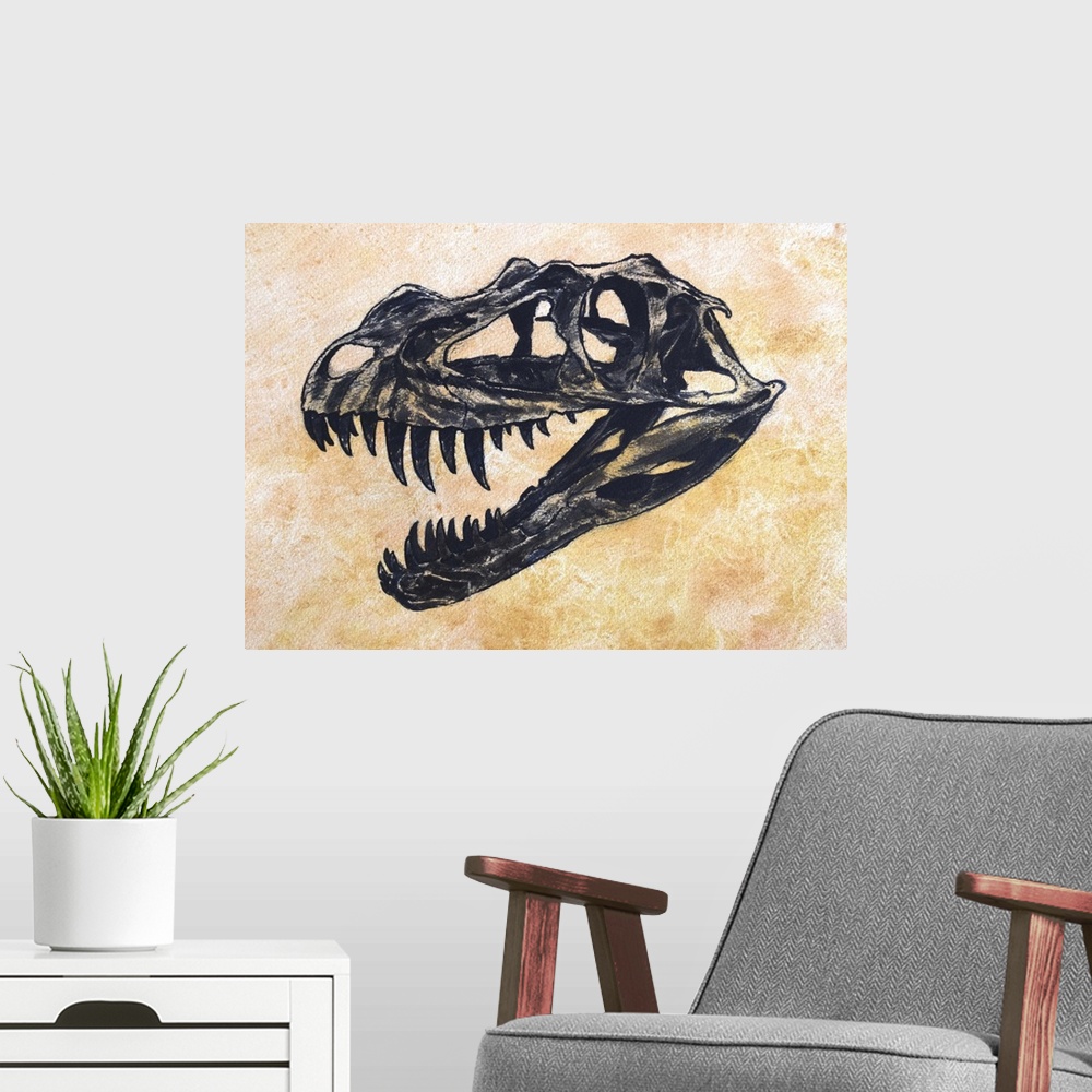 A modern room featuring Ceratosaurus dinosaur skull on textured background.