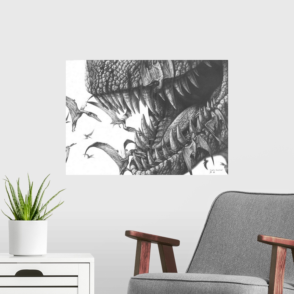 A modern room featuring Graphite sketch of Pterodactylus birds clean the mouth of a Tyrannosaurus rex.