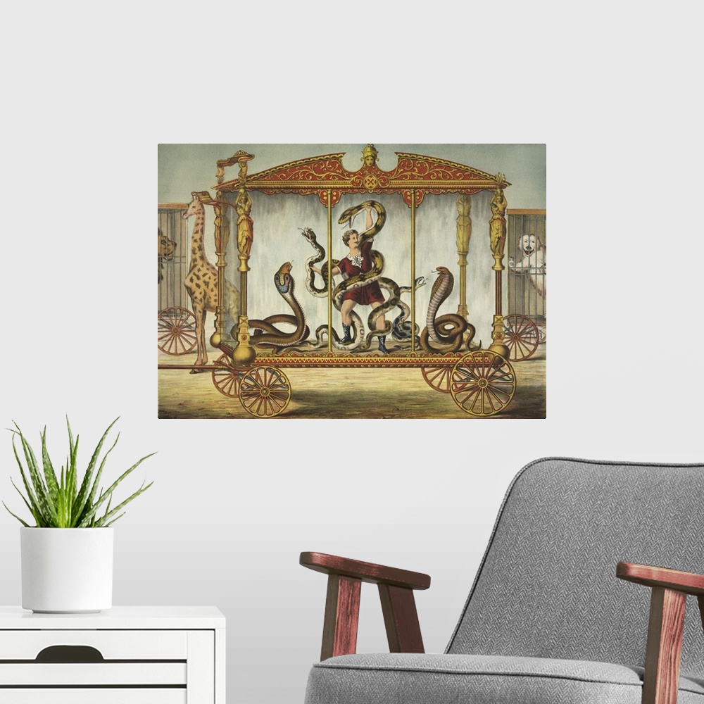 A modern room featuring The Snake Wagon, With A Snake Performer At A Circus, 1874