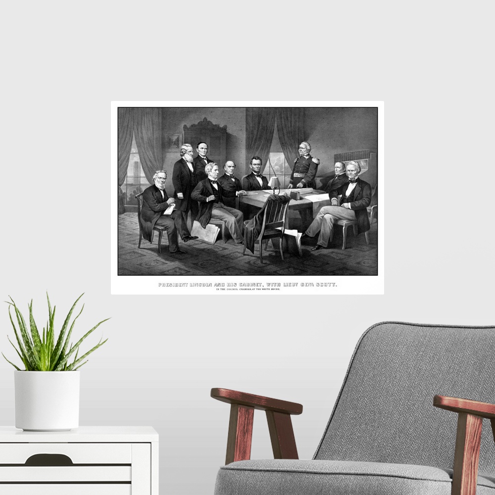 A modern room featuring Vintage Civil War print of President Abraham Lincoln, his cabinet, and General Winfield Scott. It...