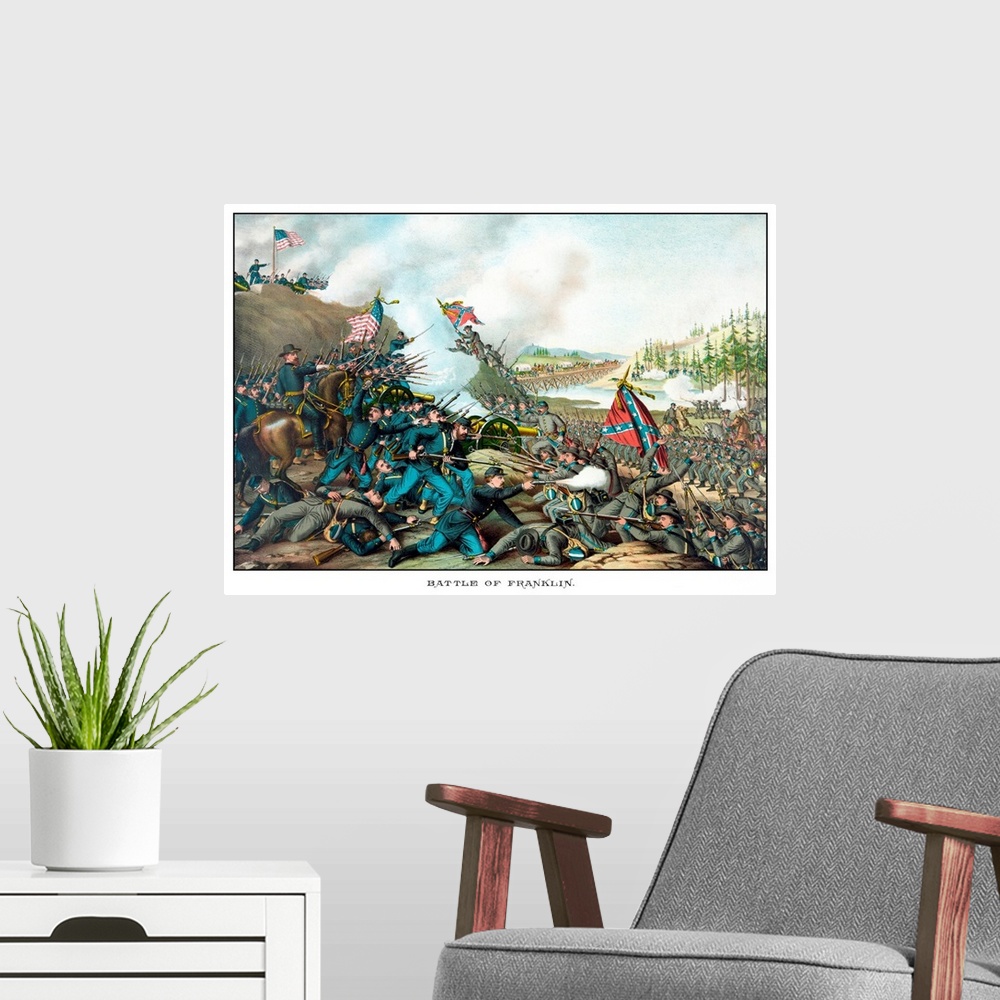 A modern room featuring Vintage Civil War print of the Battle of Franklin. The battle was fought on November 30, 1864, at...