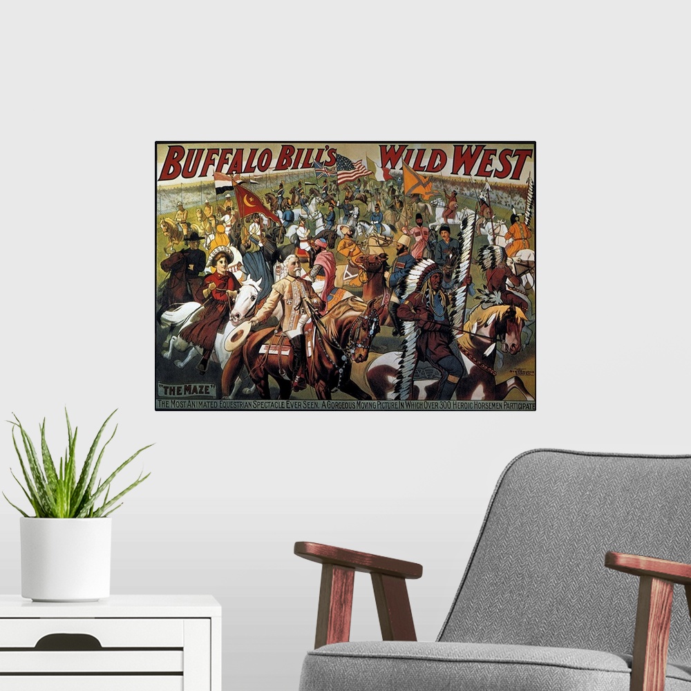 A modern room featuring Buffalo Bill's Wild West Show lithograph poster.