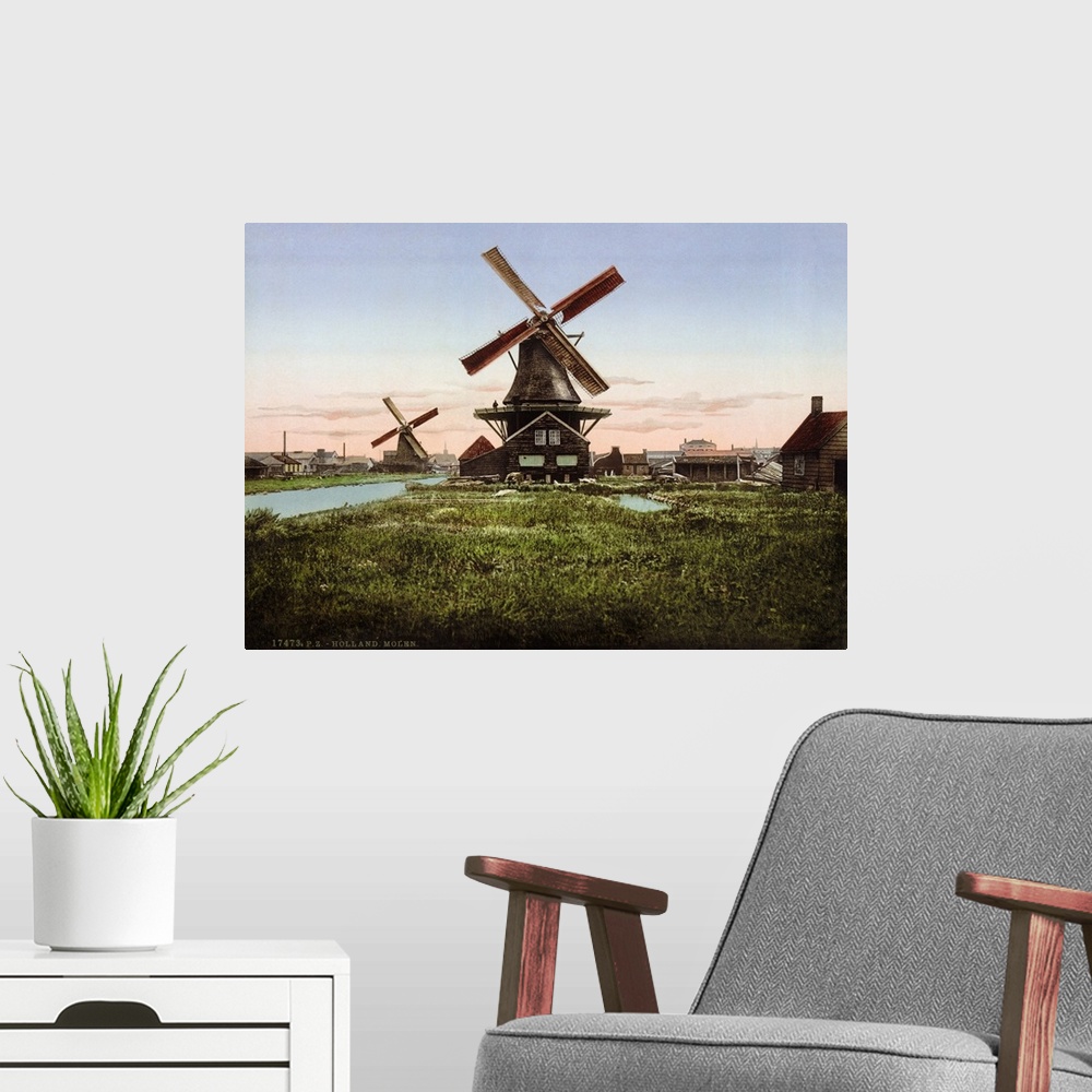 A modern room featuring Holland, Windmill. Scenic View Two Windmills In Holland. Photochrome Print, C1890-1900.