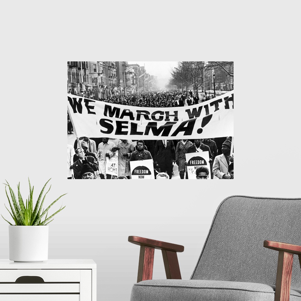 A modern room featuring Marchers in Harlem, New York City, carrying banners in support of the Selma to Montgomery marcher...