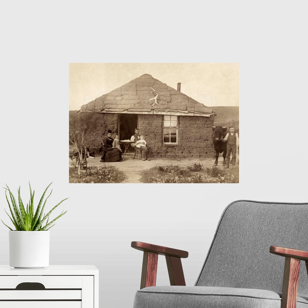 A modern room featuring Nebraska, Settlers, C1886. Family Of Homesteaders, Photographed Outside Of their Sod House With A...
