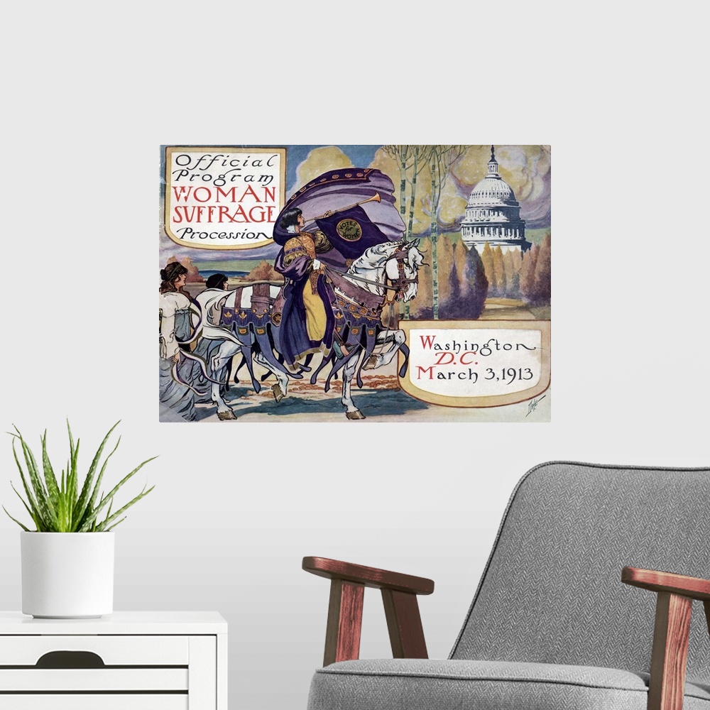 A modern room featuring Cover for the program of the suffragette demonstration for women's right to vote in Washington, D...