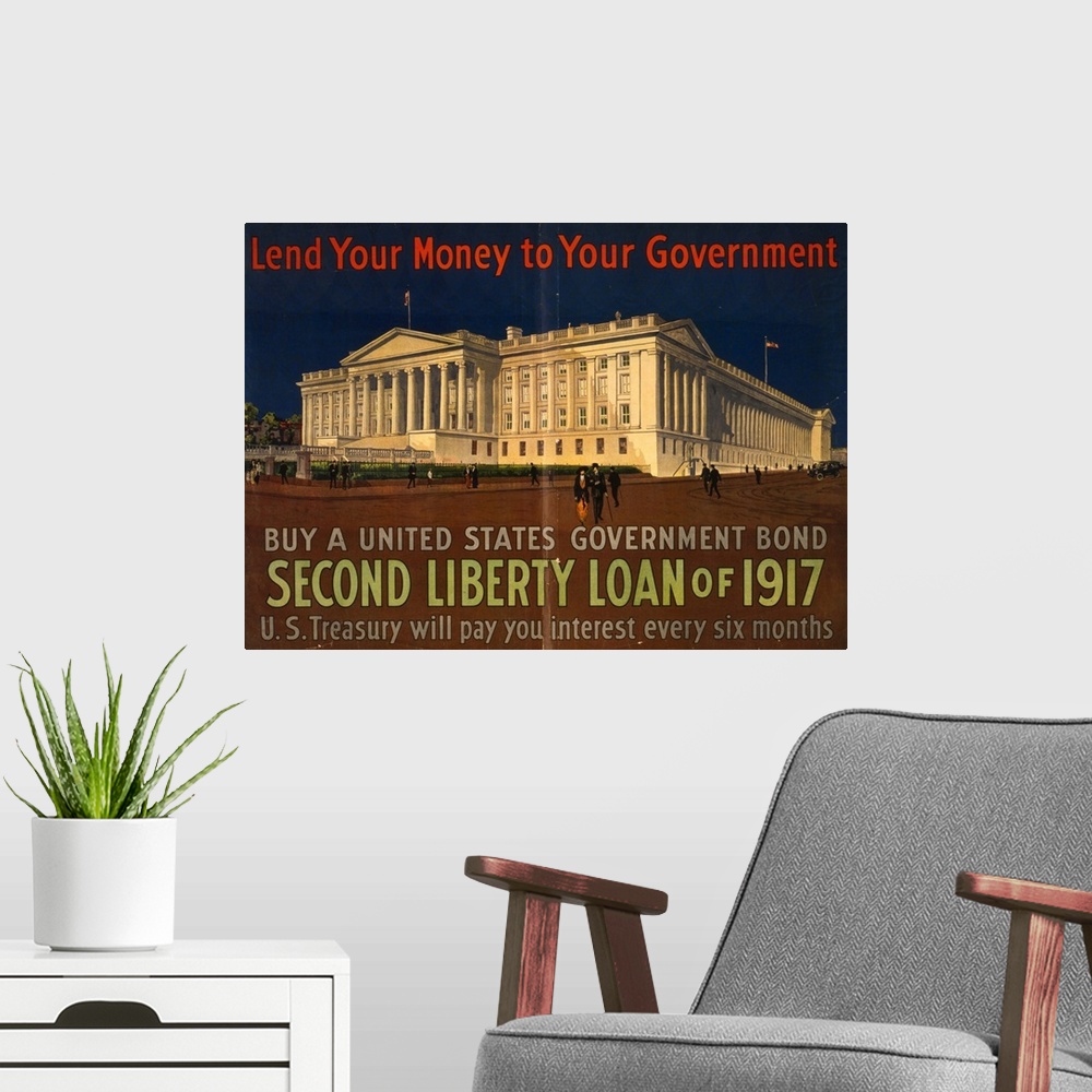 A modern room featuring American World War I Liberty Loan poster, 1917.