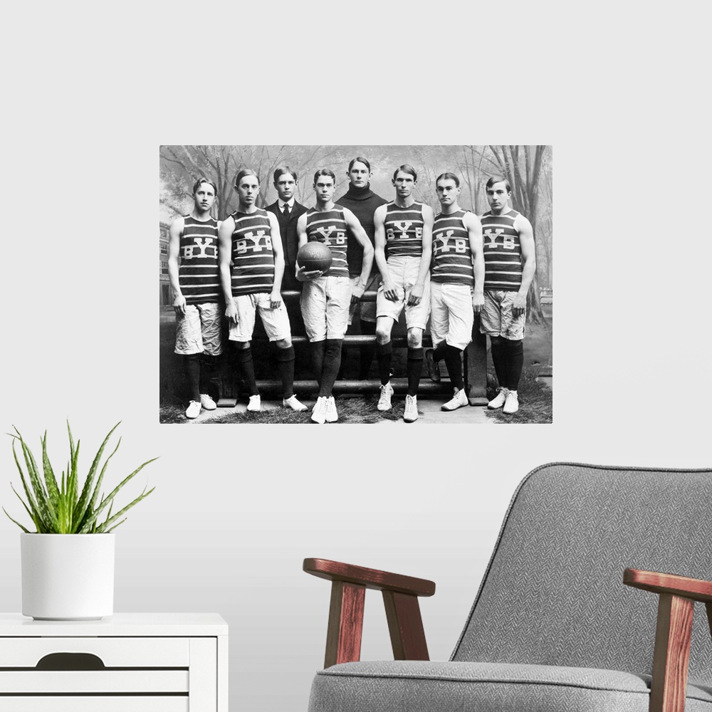 A modern room featuring The Yale University basketball team, 1901.