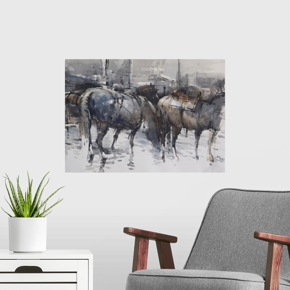 A modern room featuring This contemporary artwork depicts a group of horses drinking in the river using a moody palette a...