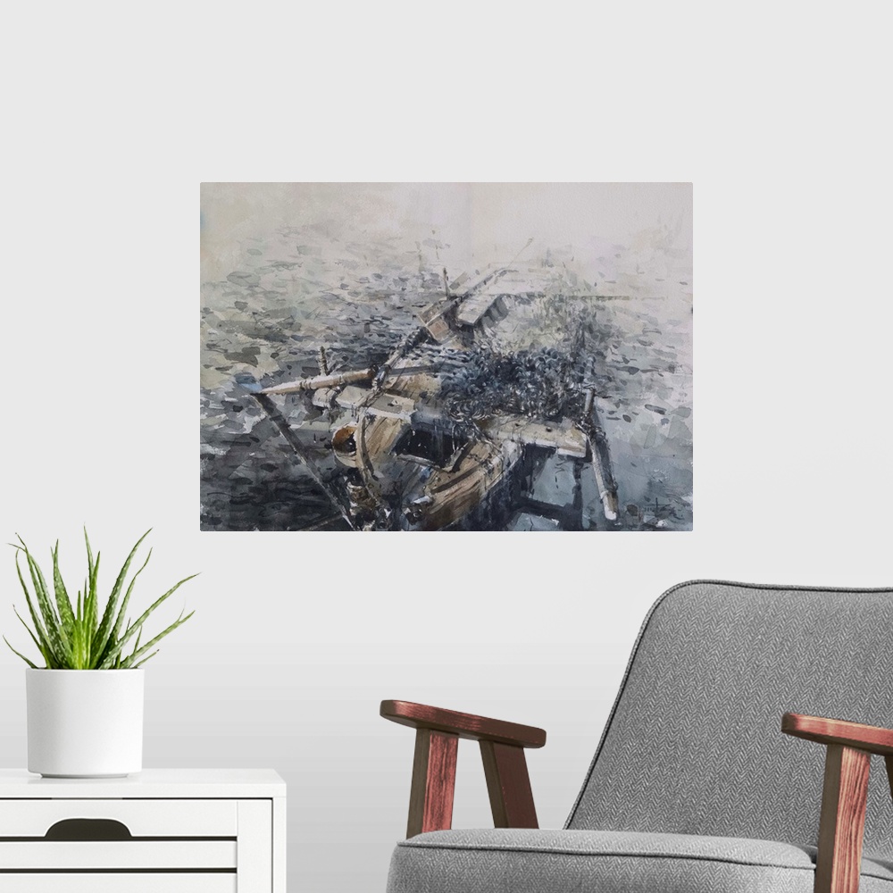 A modern room featuring This contemporary artwork uses moody grays and rustling watercolor brush strokes to illustrate a ...