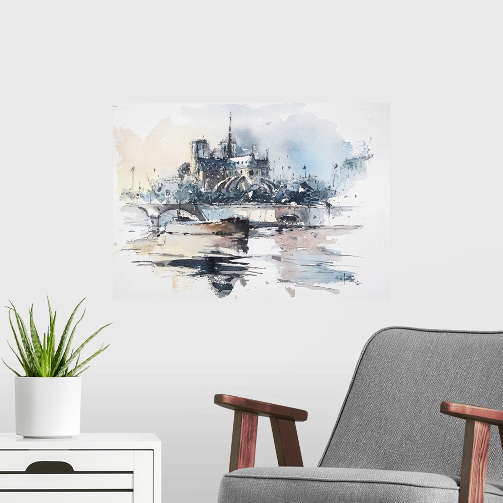 A modern room featuring In this contemporary artwork, a lively sketch of an island near the Seine river uses shades of bl...