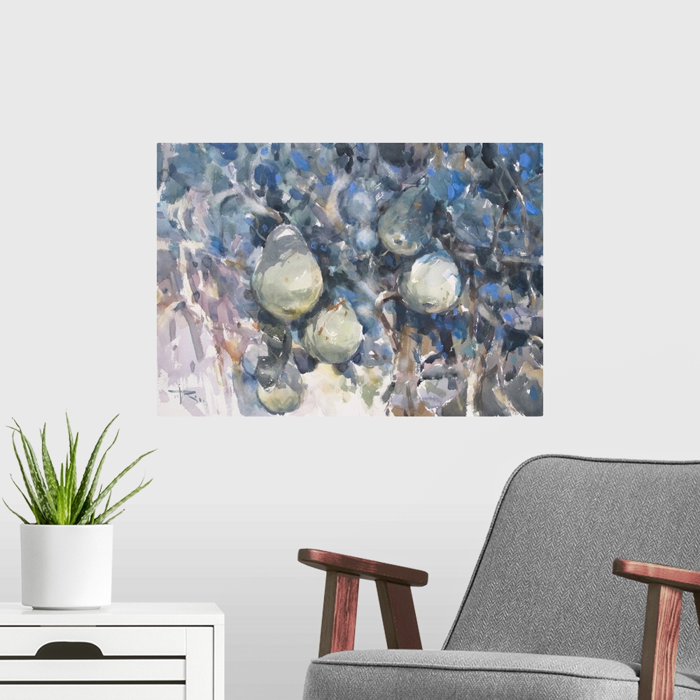 A modern room featuring This contemporary artwork features pears hanging in a tree and are shaped from soft greens as wel...