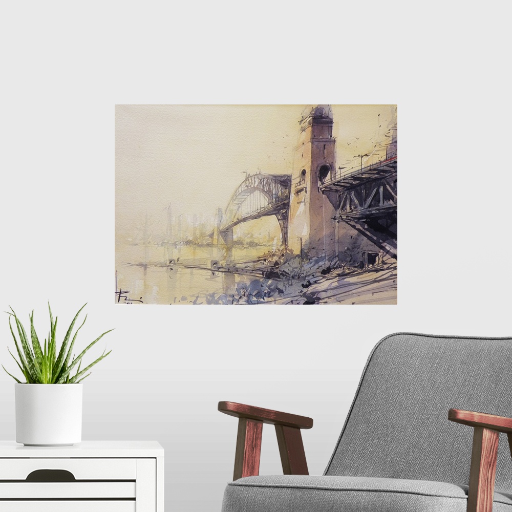 A modern room featuring Gestural brush strokes of watercolors create the Sydney Harbor Bridge looking towards North Sydne...
