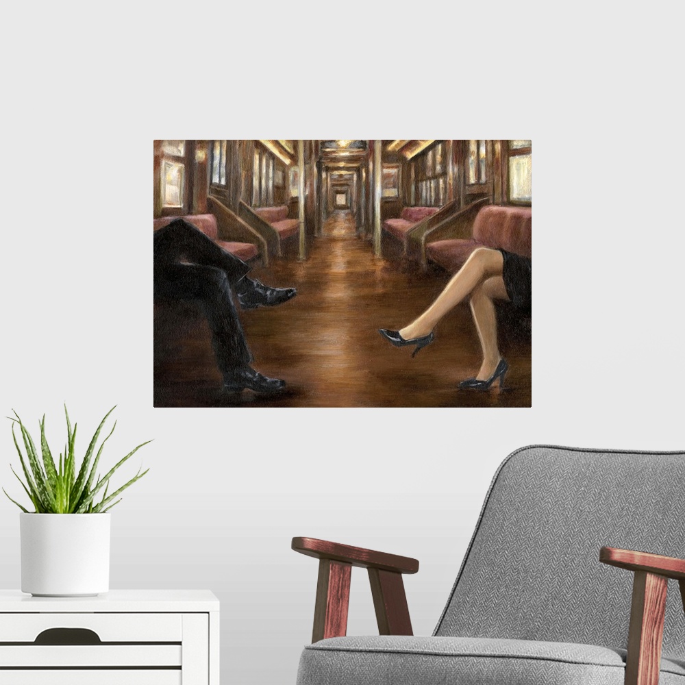 A modern room featuring Contemporary painting of the inside of a train with only the legs of a couple visible.