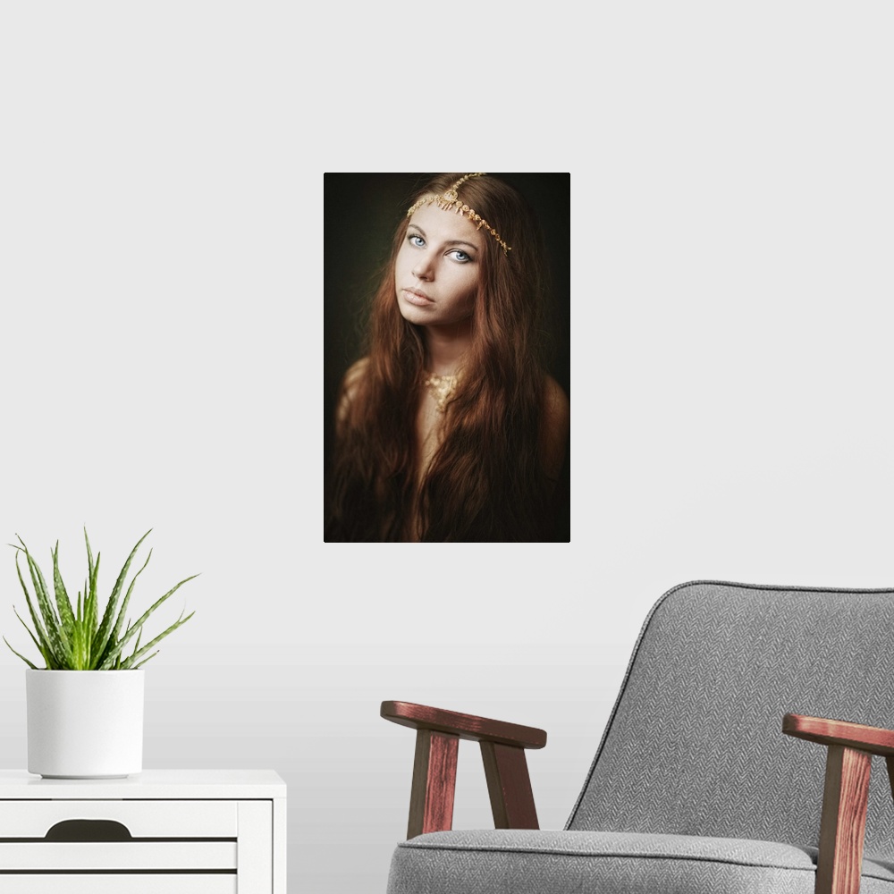 A modern room featuring Portrait of a beautiful woman with long hair wearing a beaded headband.