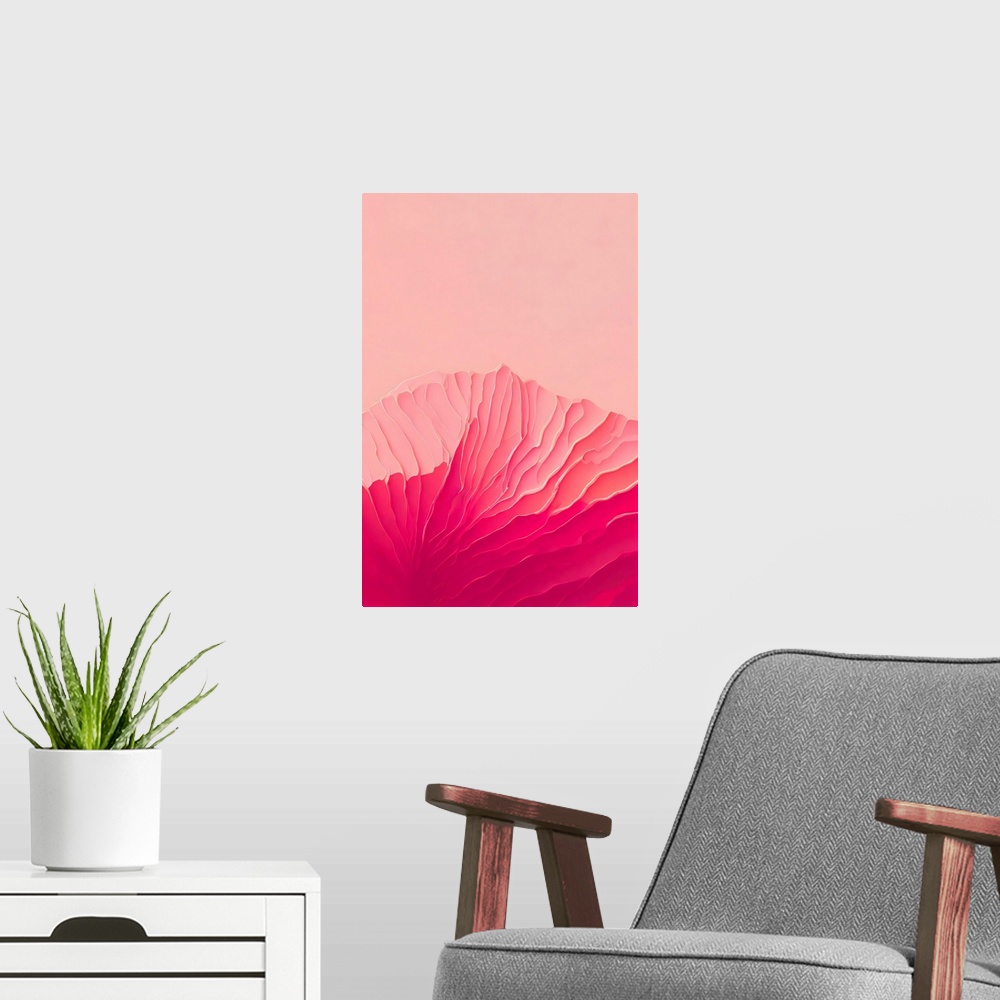 A modern room featuring A textured image of wavy organic lines emanating outwards in gradiant shades of hot pink. A sensu...