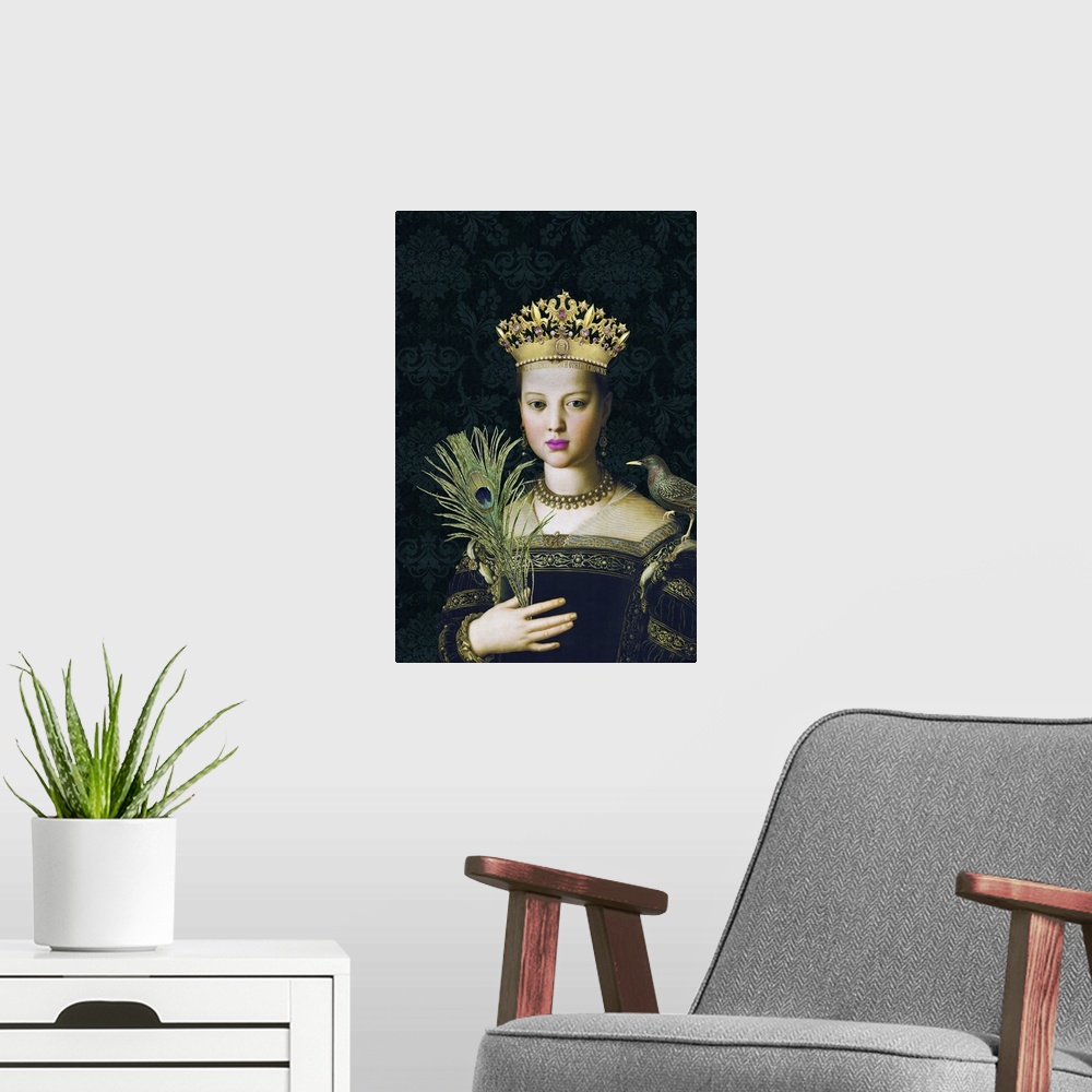 A modern room featuring Collage with historical portrait of a woman, bird, peacock feather and golden crown with inscript...