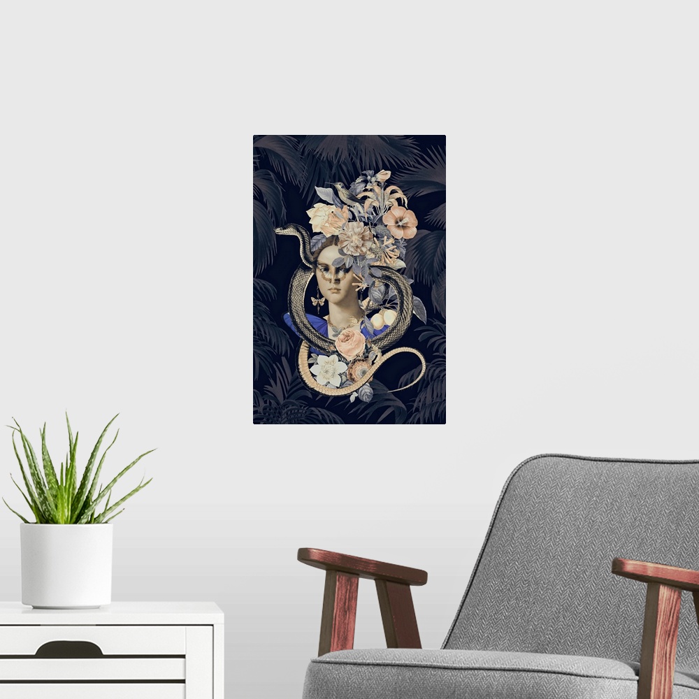 A modern room featuring Collage with historical portrait of a woman with exotic flowers and snake.