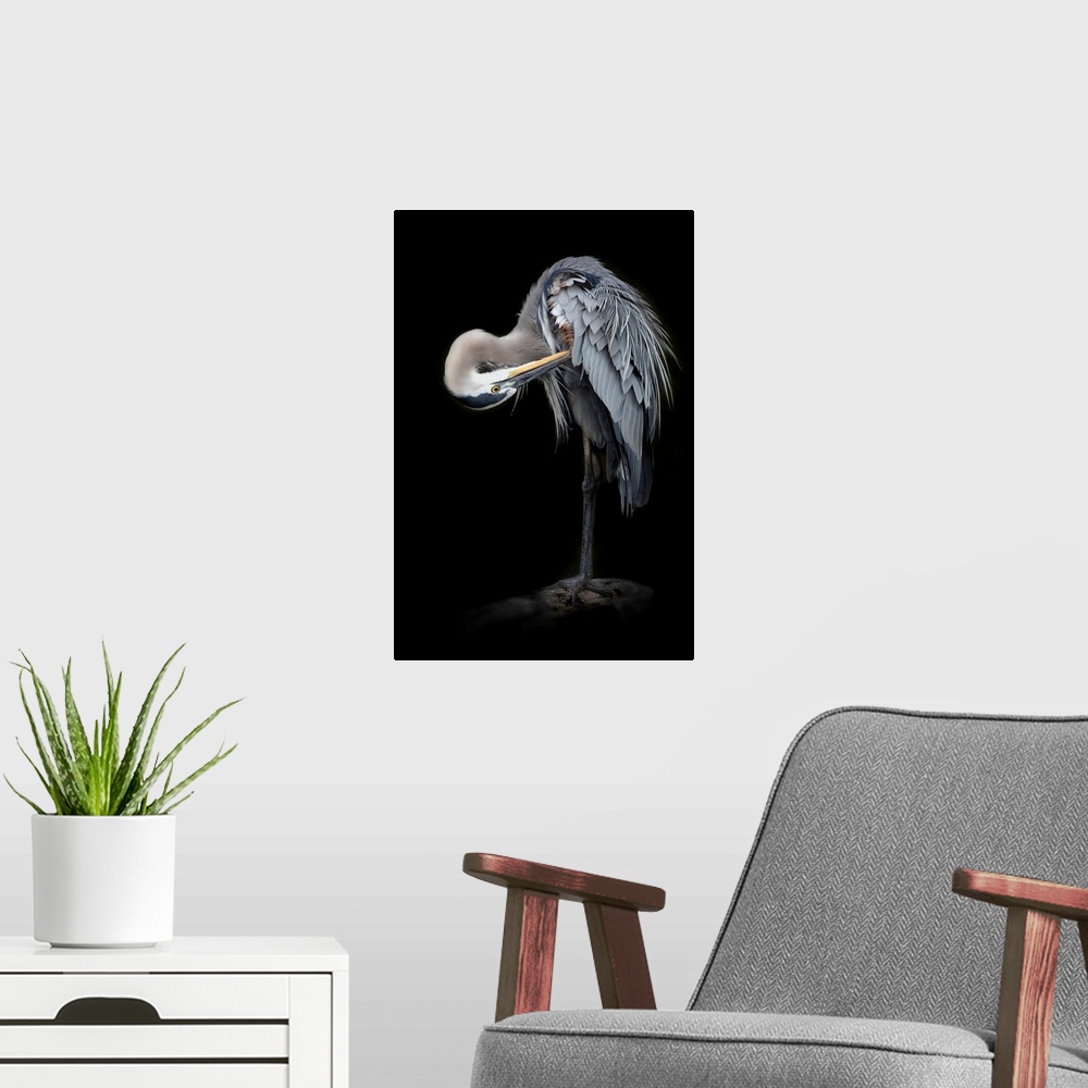 A modern room featuring The Great Blue Heron