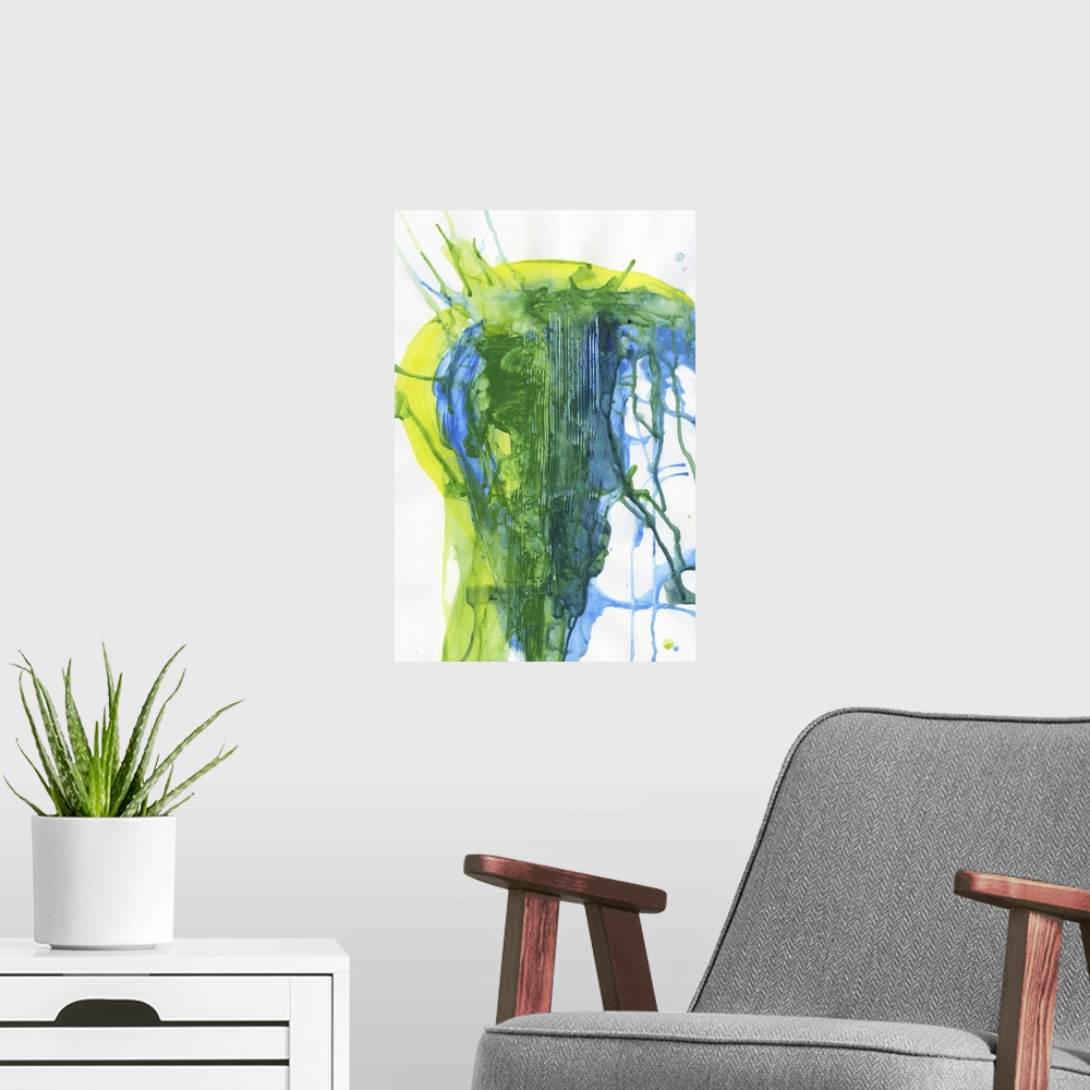 A modern room featuring Contemporary abstract painting made of splatters of yellow and blue mixing to create green.