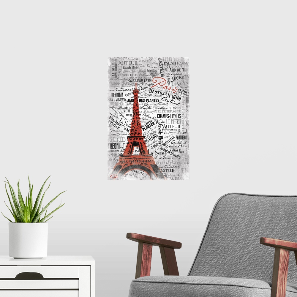 A modern room featuring The Eiffel Tower in urban style against layered text background of different locations in Paris.
