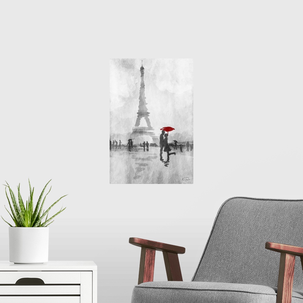 A modern room featuring Watercolor painting of a couple with a red umbrella embracing near the Eiffel Tower.