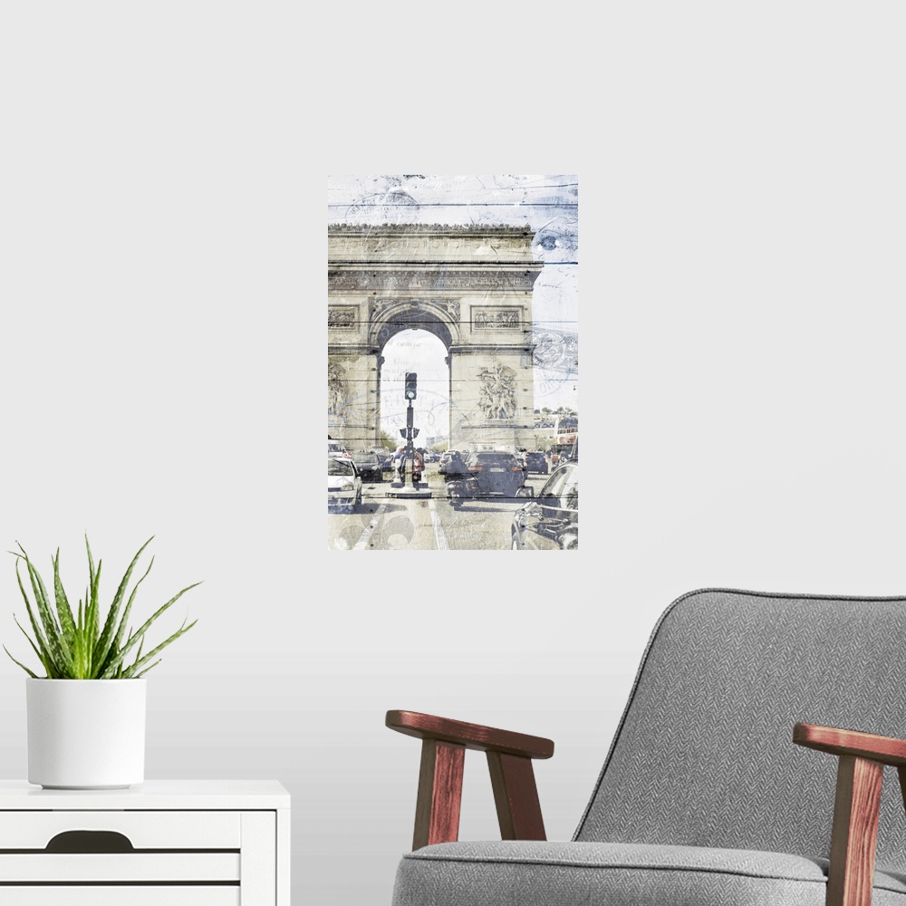 A modern room featuring Photograph of the Arc de Triomphe with rows of traffic in the foreground and a faint wood panel a...
