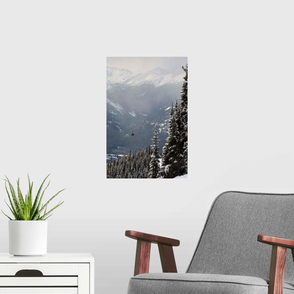 A modern room featuring A Red Cable Car Riding Over Snow Covered Forest, Whistler, BC, Canada