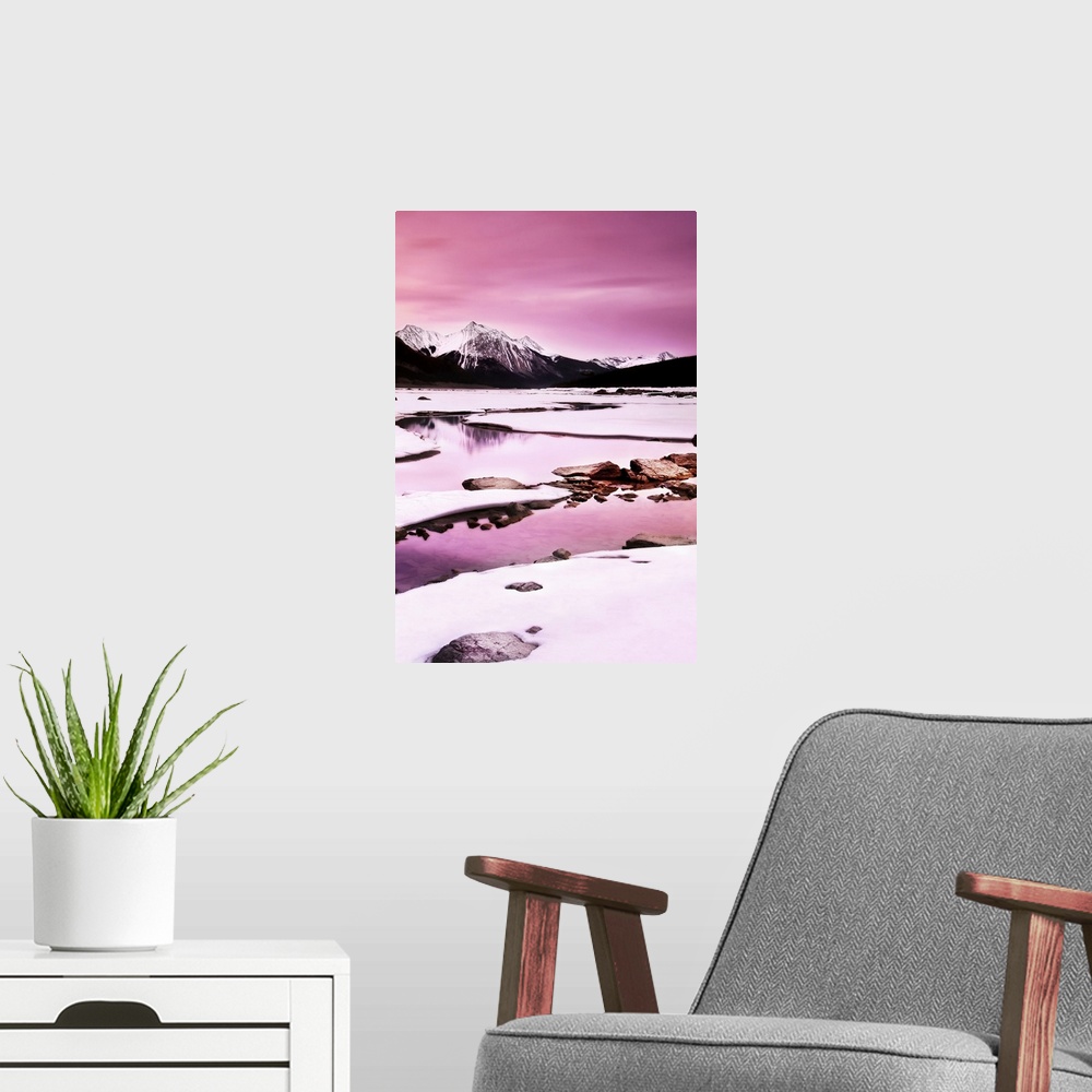 A modern room featuring A Winter Mountain Scene