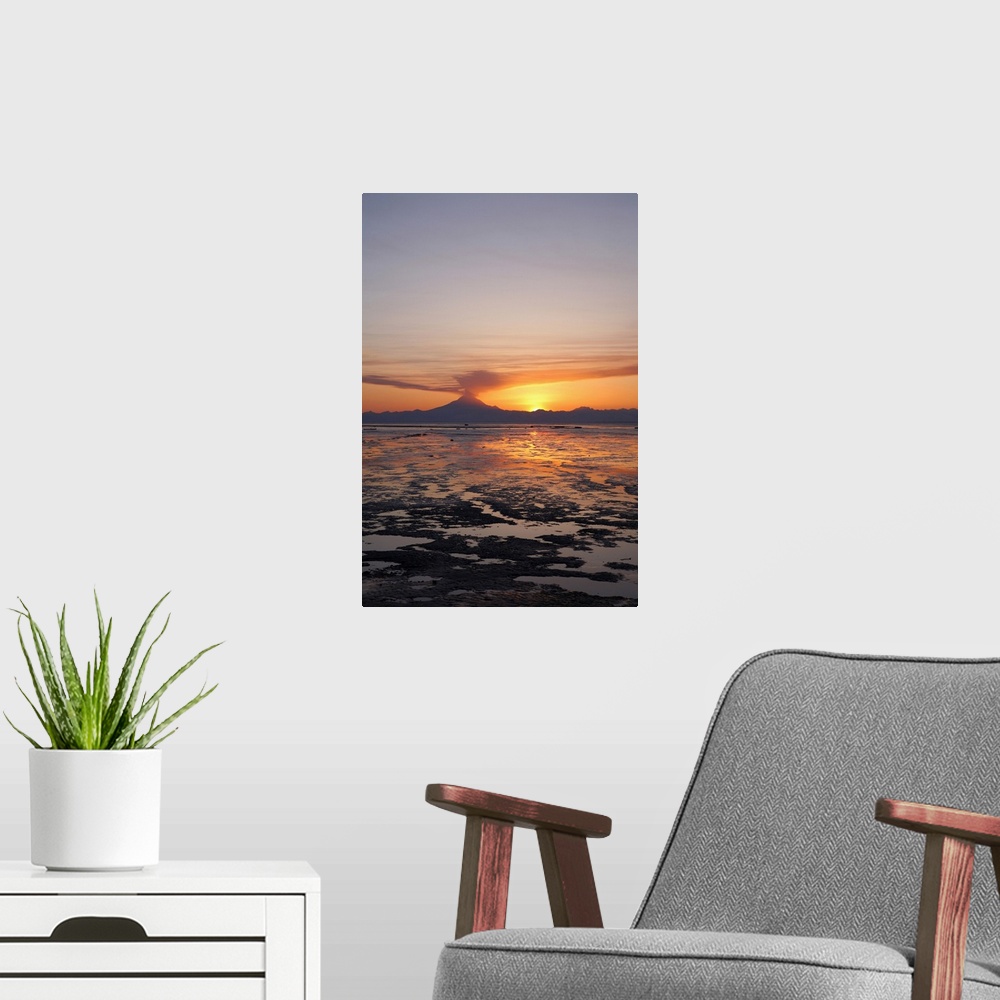 A modern room featuring Ash Cloud Rises From Mt. Redoubt At Sunset During Low Tide Near Ninilchik, Alaska