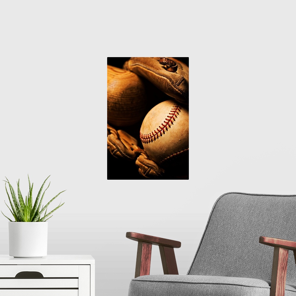 A modern room featuring Baseball Bat, Ball, Glove