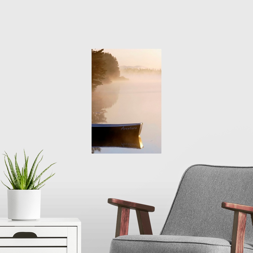 A modern room featuring Boat And Mist on pond, Gaspesie, Quebec