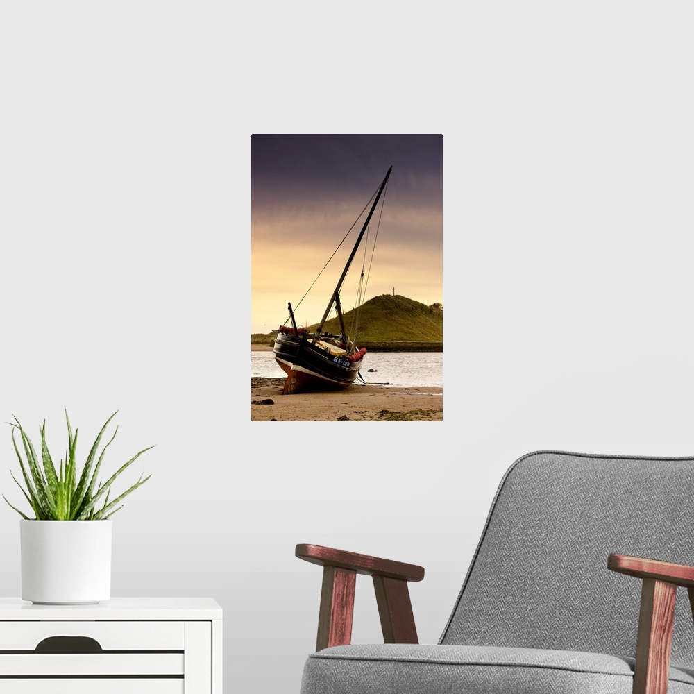 A modern room featuring Boat On Beach At Low Tide; Alnmouth, Northumberland, England