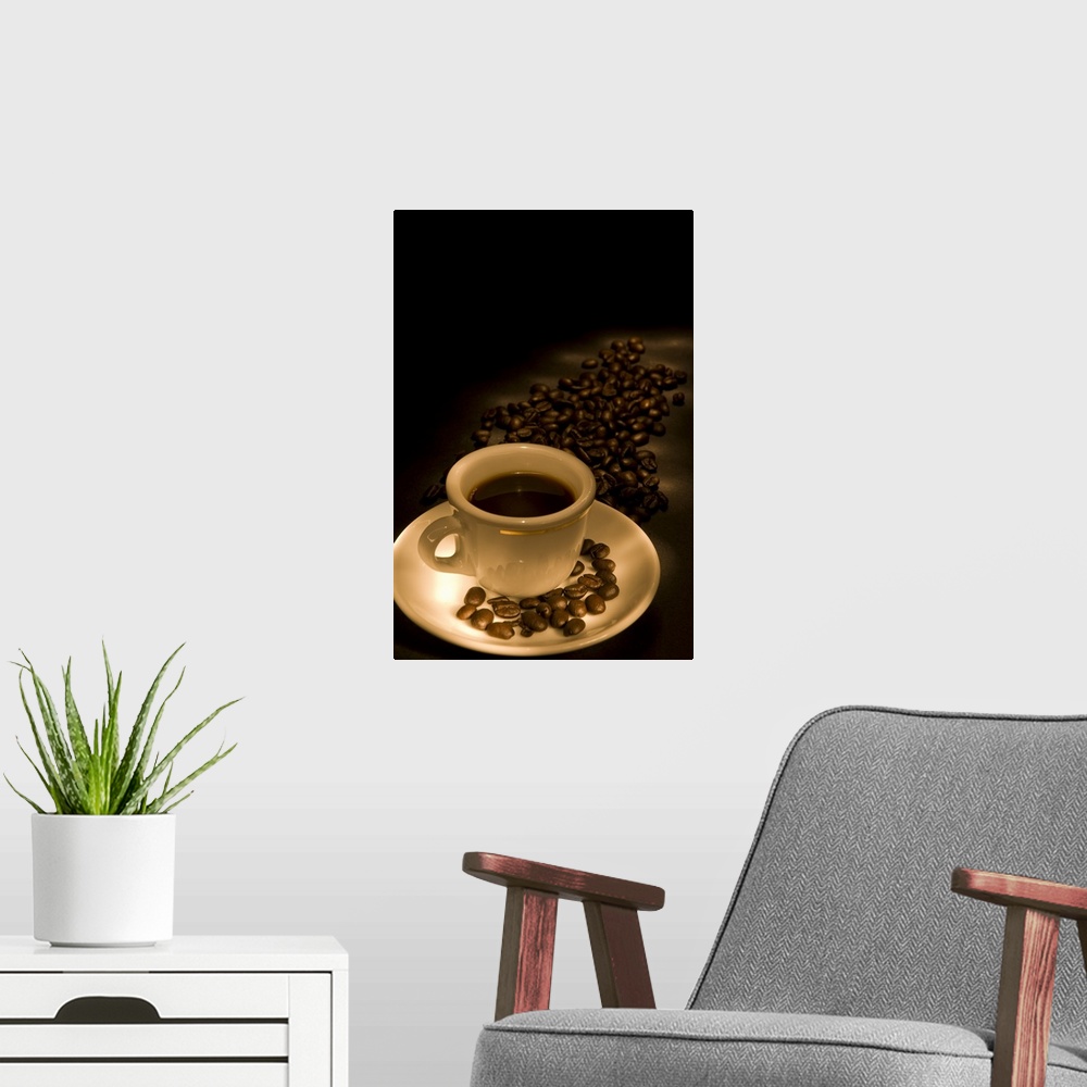 A modern room featuring Coffee Beans And Fresh Cup Of Coffee