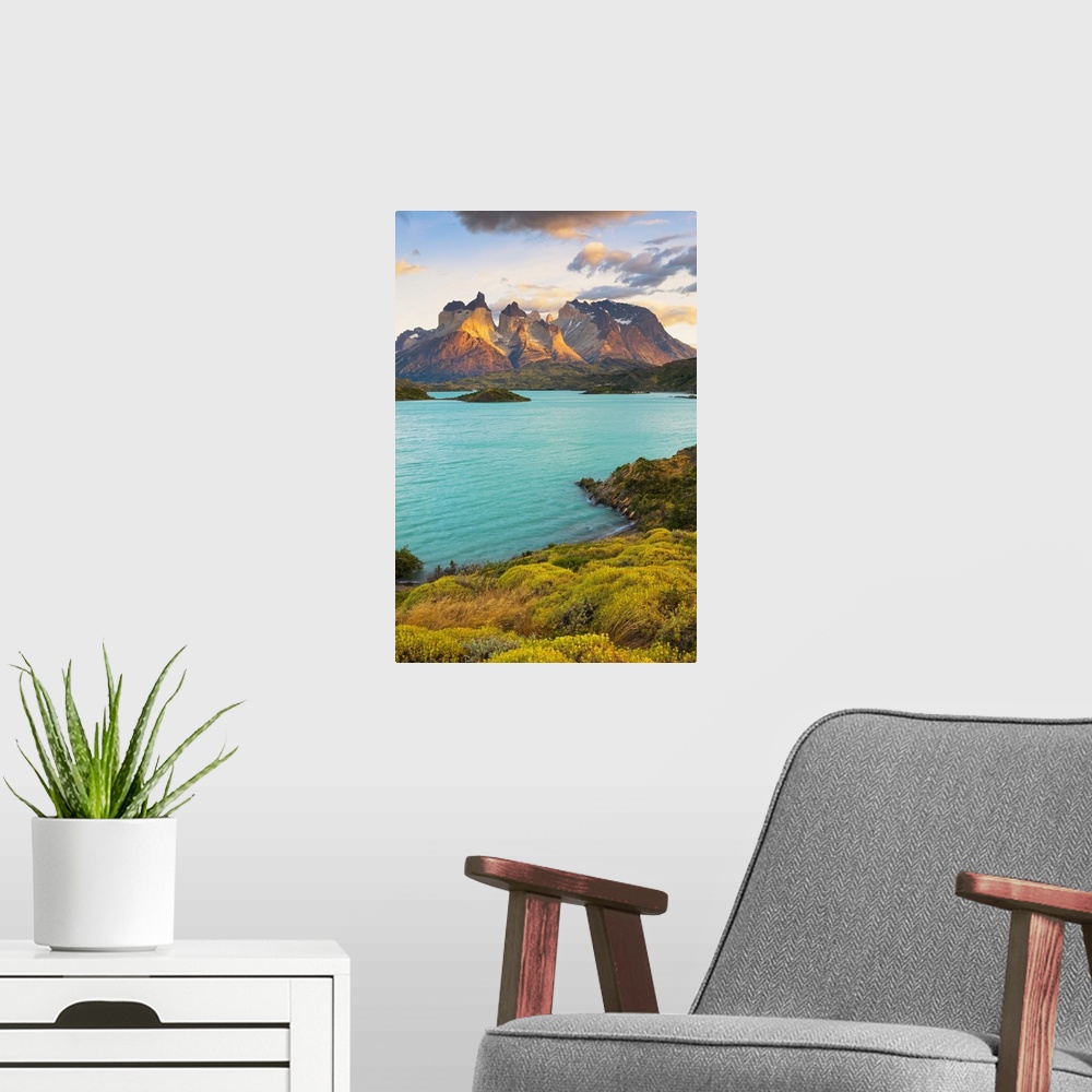 A modern room featuring Cuernos del Paine reflected in Lago Pehoe at sunrise, Torres del Paine National Park, Magallenes,...