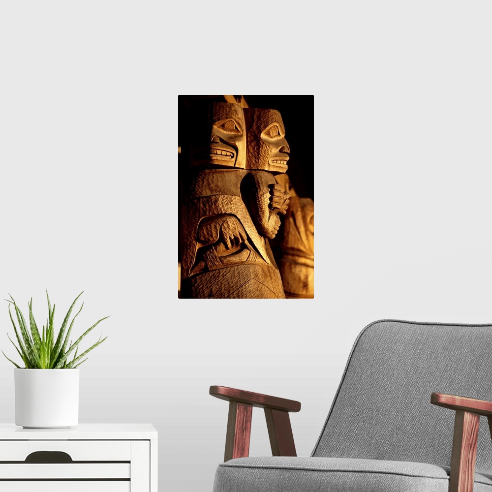 A modern room featuring Detail of Indian totem poles Sitka southeast Alaska.