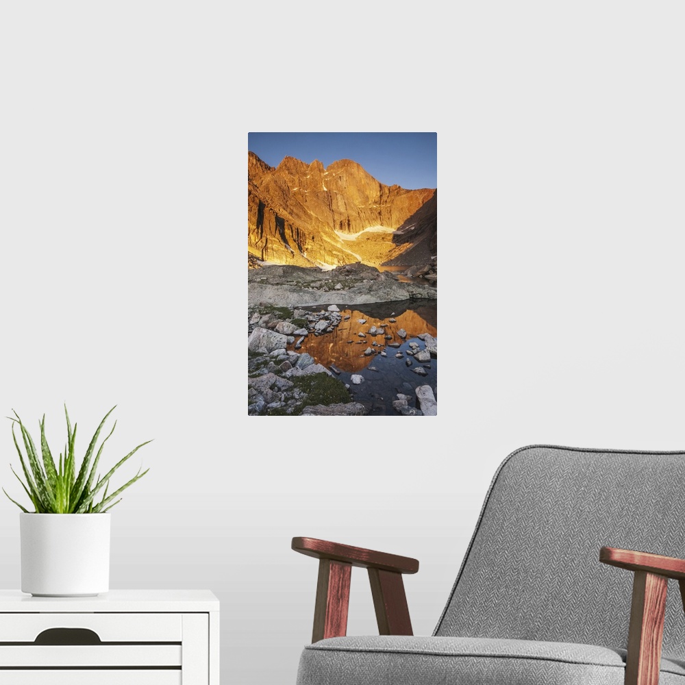 A modern room featuring First Light On Long's Peak At Chasm Lake In Rocky Mountain National Park, Colorado