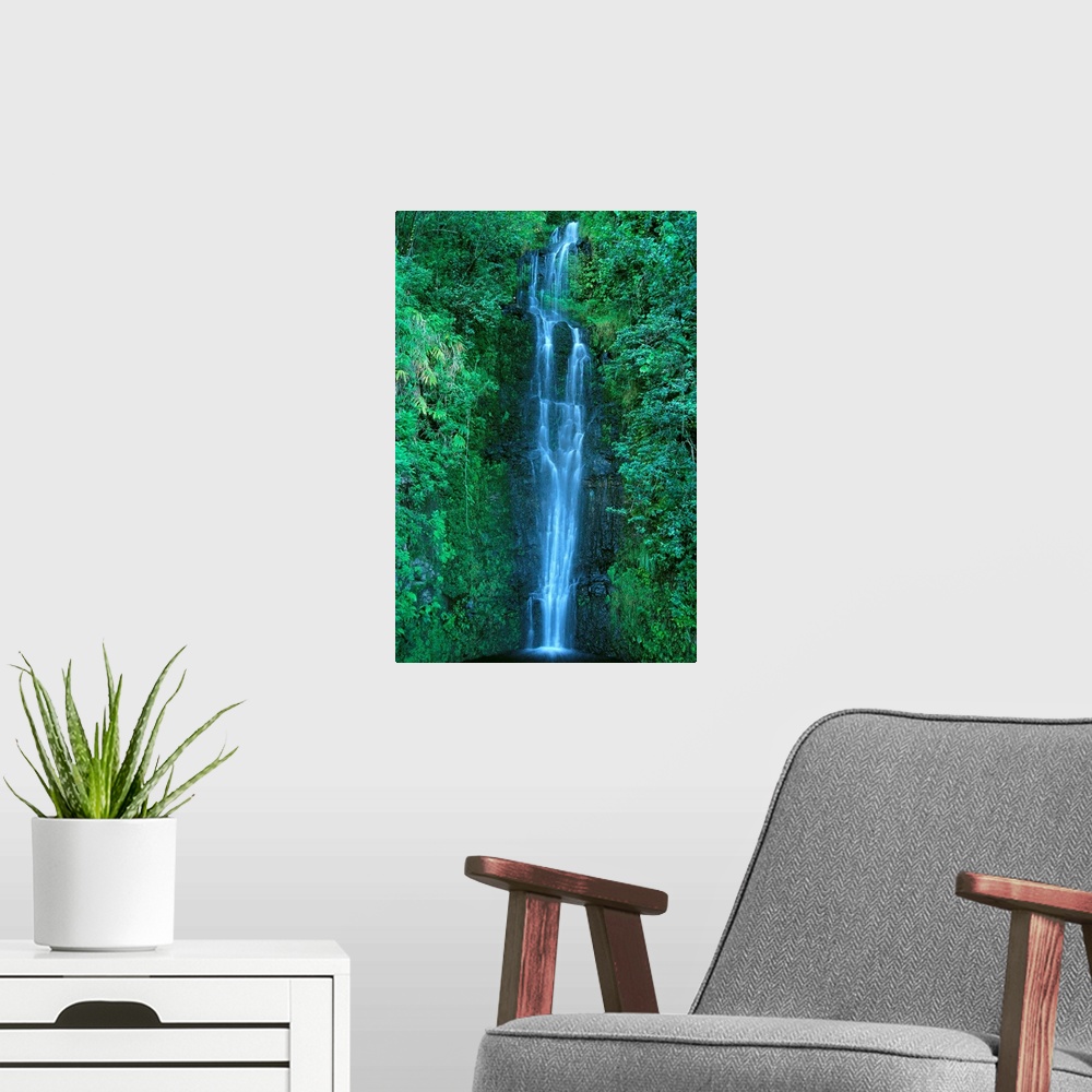 A modern room featuring Hawaii, Close-Up Of Waterfall On Mountain Side, Green Foliage