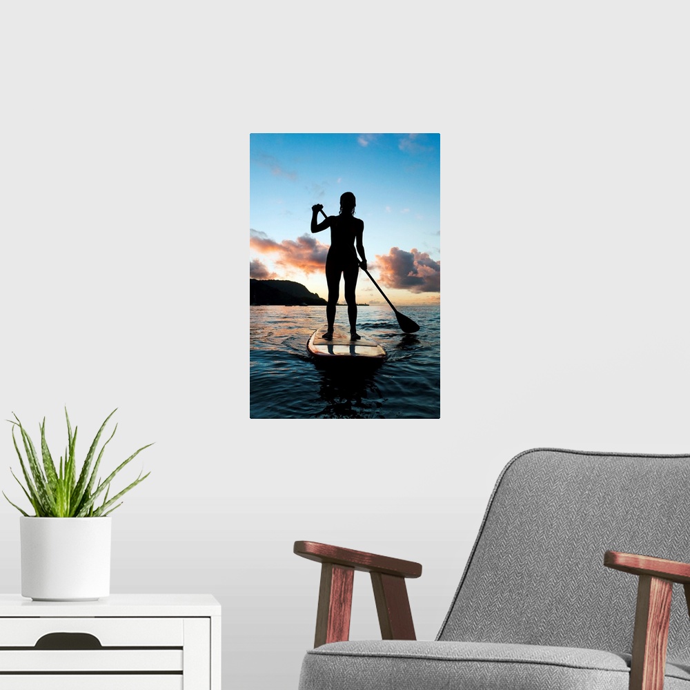 A modern room featuring Hawaii, Kauai, Woman Stand Up Paddling In Ocean, Beautiful Sunset
