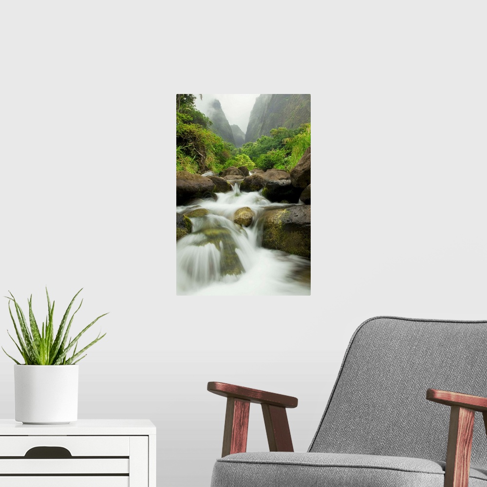 A modern room featuring Hawaii, Maui, Iao River Valley Waterfall