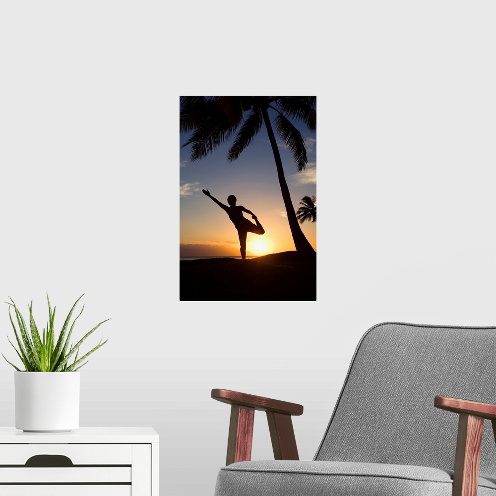 A modern room featuring Hawaii, Maui, Olowalu, Woman Doing Yoga At Sunset Under Palm Trees