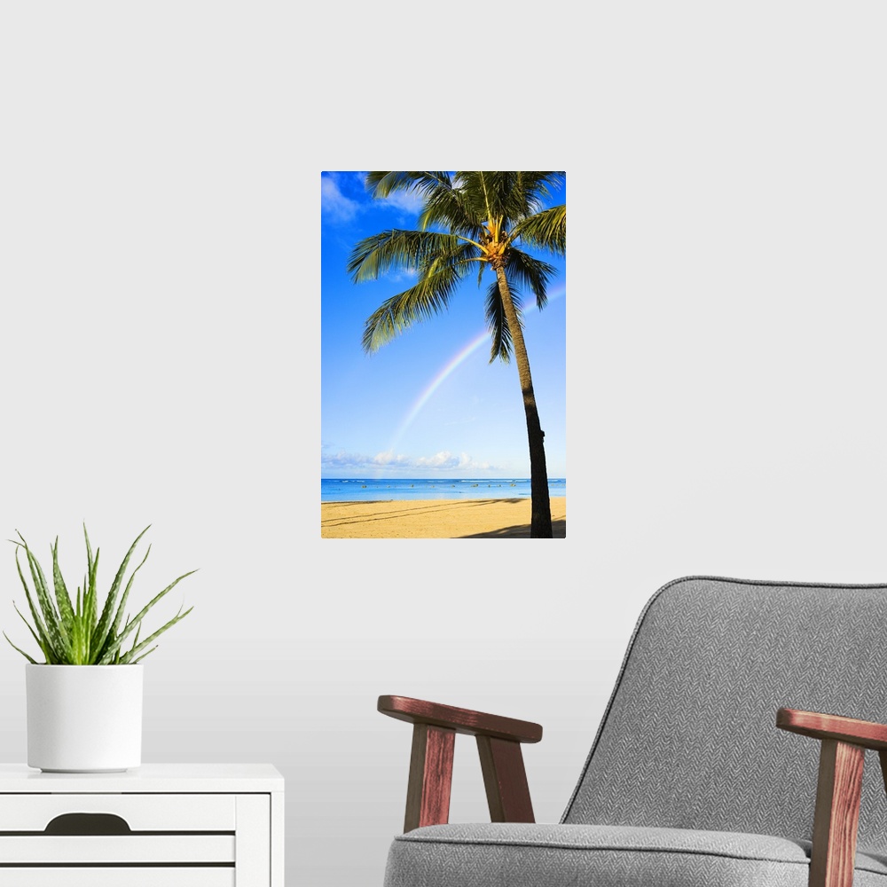 A modern room featuring Hawaii, Oahu, Honolulu, Ala Moana Beach Park, Palm Tree And Rainbow