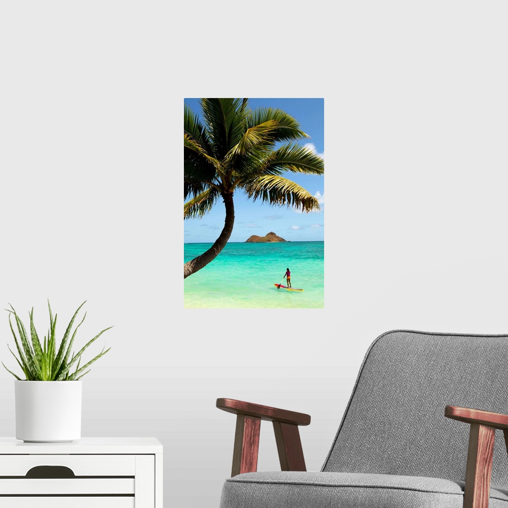 A modern room featuring Hawaii, Oahu, Lanikai Beach, Female Stand Up Paddler On Her Way To The Mokulua Islands