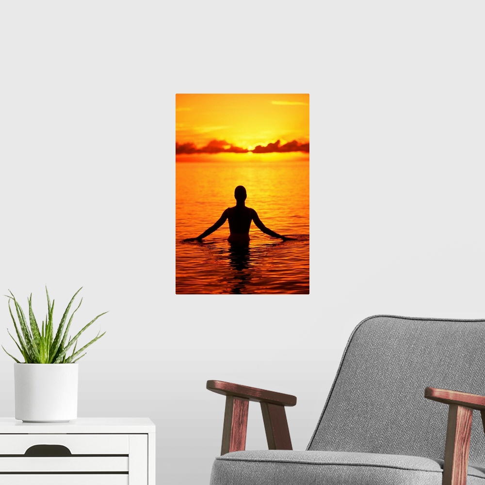 A modern room featuring Hawaii, Oahu, Lanikai Beach, Silhouette Of Woman Wading In The Ocean At Sunrise