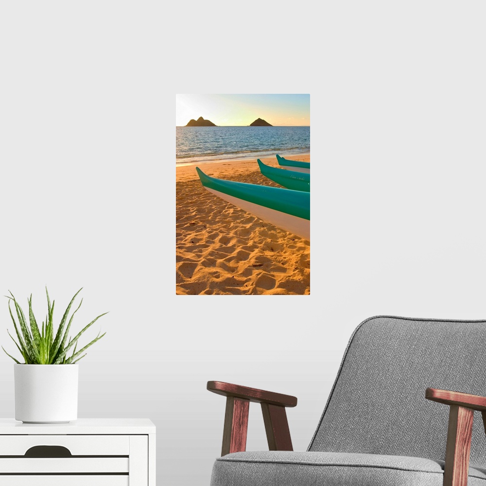 A modern room featuring Hawaii, Oahu, Outrigger Canoes On Lanikai Beach At Sunrise